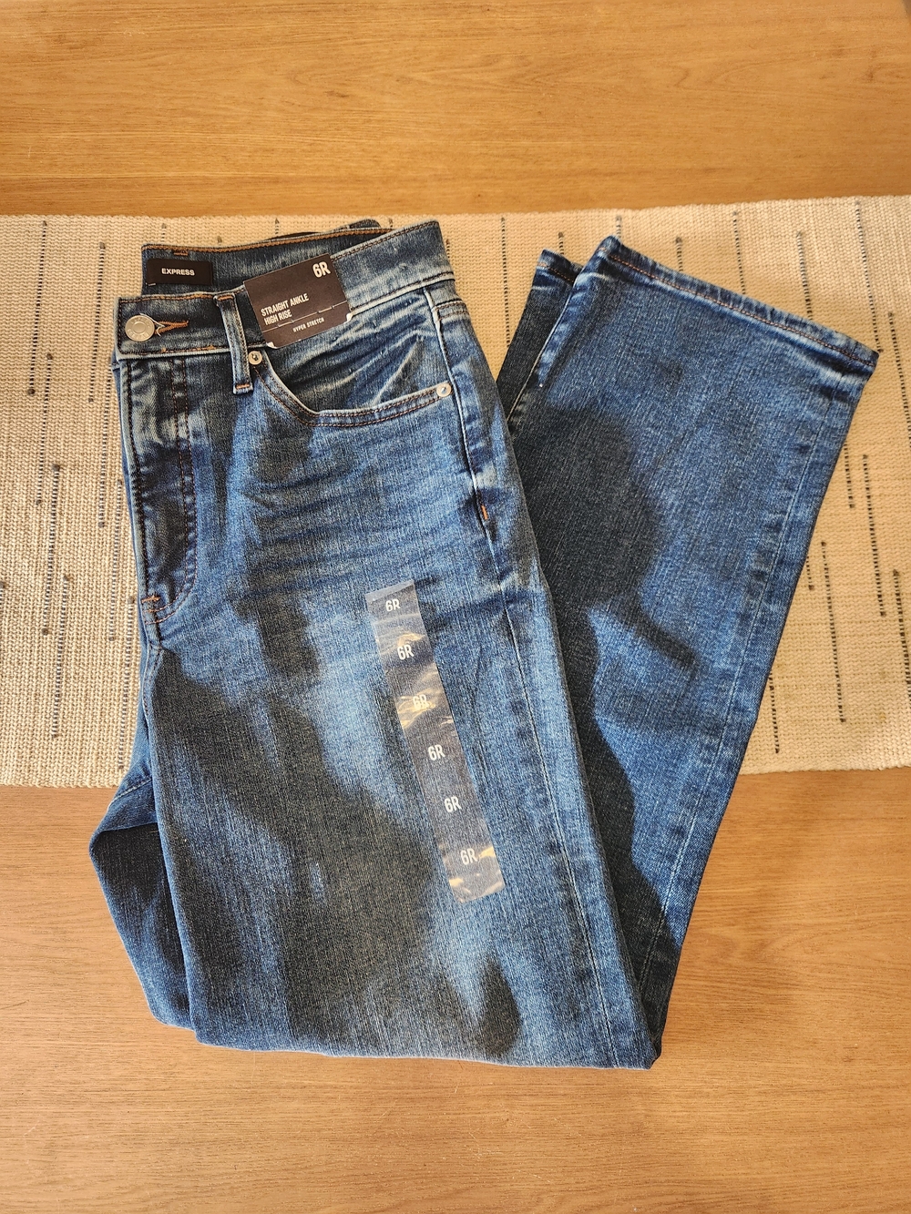 Express Women’s Straight Ankle High Risw Jeans in Dark Blue Denim